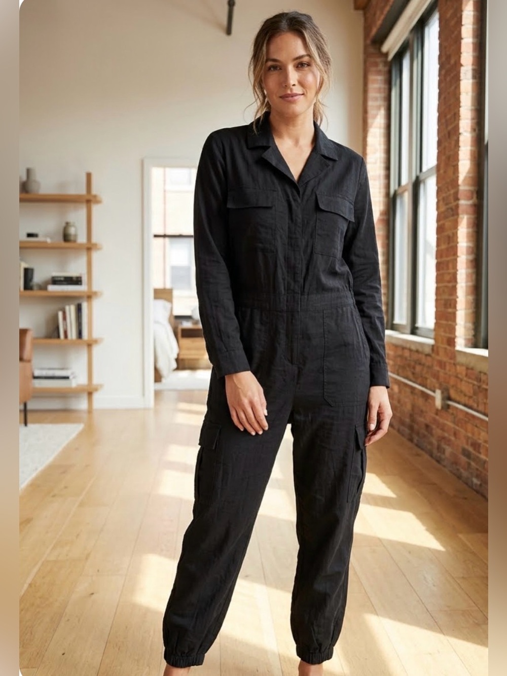 Martha Stewart Black Long-Sleeve Utility Jumpsuit